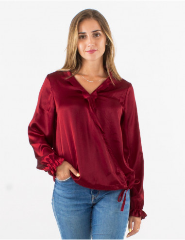 Polyester satin blouse with flounce collar