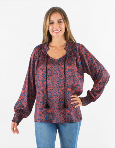 Chemisier polyester satin imprimé Paisley
