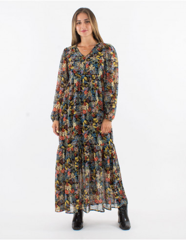 Polyester mousseline long dress with lining and "viana" print