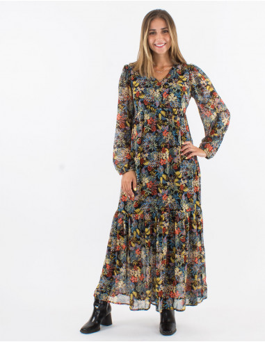 Polyester mousseline long dress with lining and "viana" print
