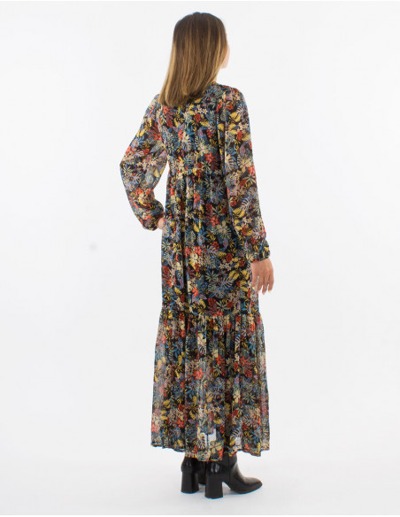 Polyester mousseline long dress with lining and "viana" print