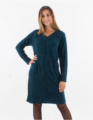 Knitted 95% polyester 5% elastane dress with v-neckline