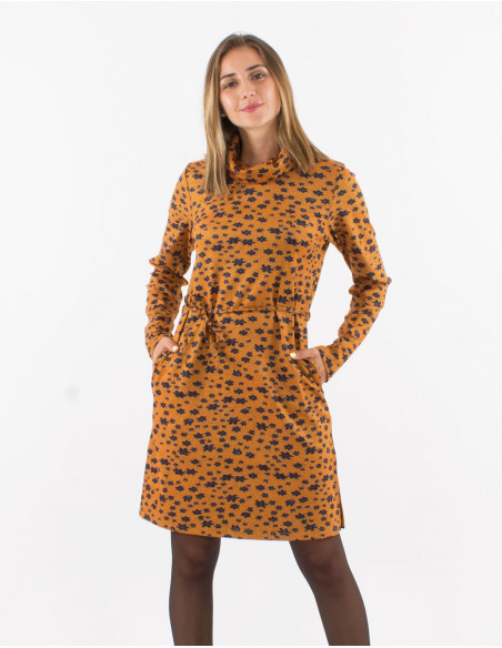 Robe courte manches longues imprimée ceinture