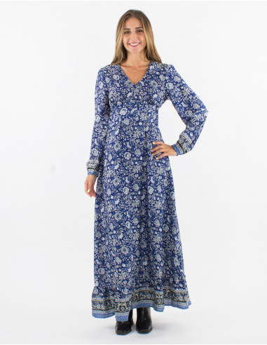 Long polyester dres with lining and "pivoine" print