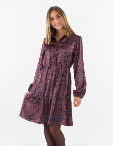 Robe polyester satin col chemise imprimé Paisley