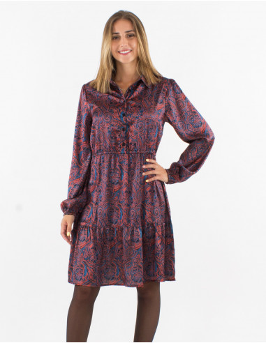 Polyester satin dress with "paisley" print
