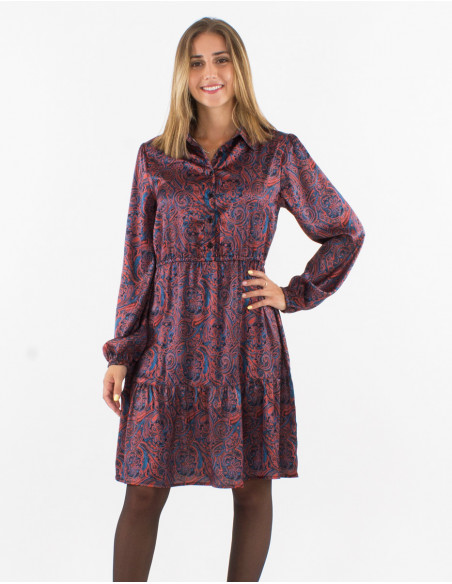 Polyester satin dress with "paisley" print