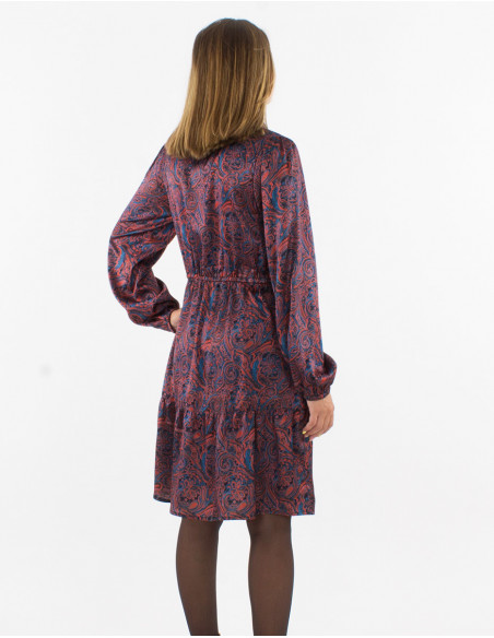 Robe polyester satin col chemise imprimé Paisley