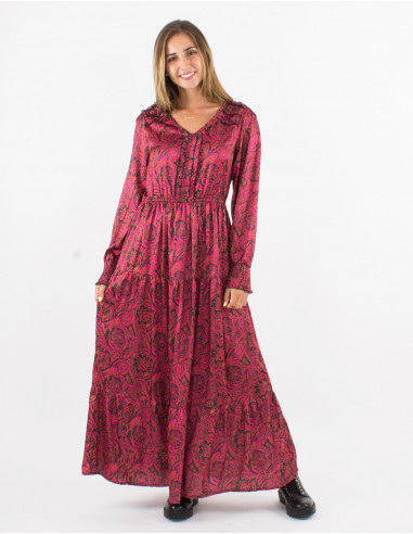 Long polyester satin dress with lining and "paisley" print