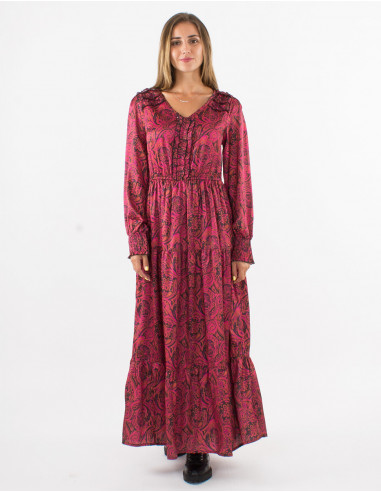 Robe longue polyester satin doublée imprimé Paisley