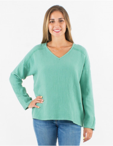 Cotton double gaze v-neckline blouse