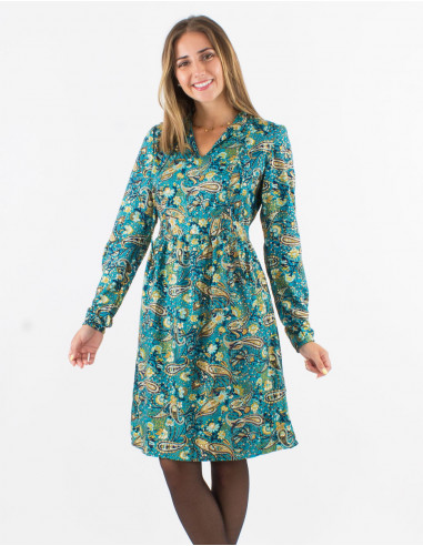 Robe courte polyester doublée manches longues imprimé Cachemire doré