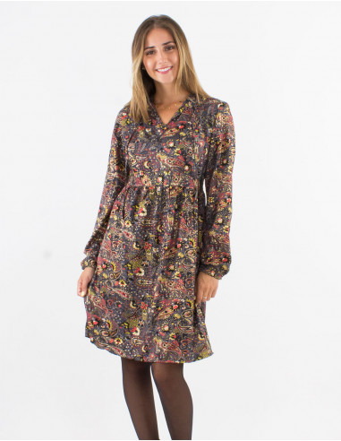 Polyester long sleeves dress with lining and "golden cachemire" print