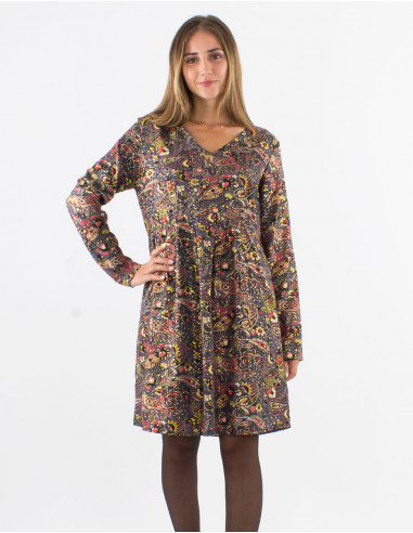 Polyester long sleeves dress with lining and "golden cachemire" print