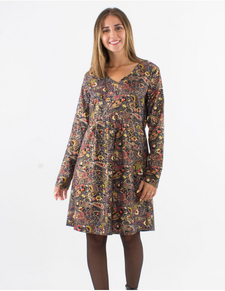 Polyester long sleeves dress with lining and "golden cachemire" print