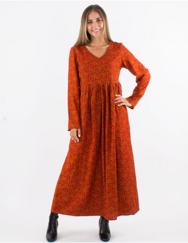 Rayon long printed dress with long sleeves