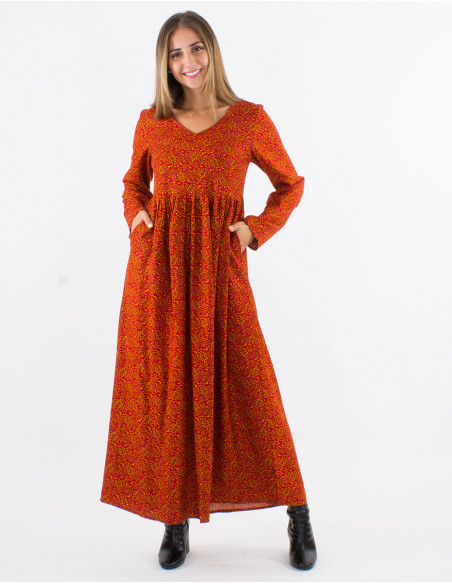 Rayon long printed dress with long sleeves