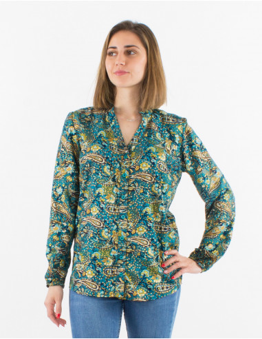 Chemisier polyester boutonné manches longues imprimé cachemire doré