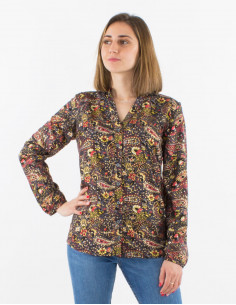 Chemisier polyester boutonné manches longues imprimé cachemire doré 2