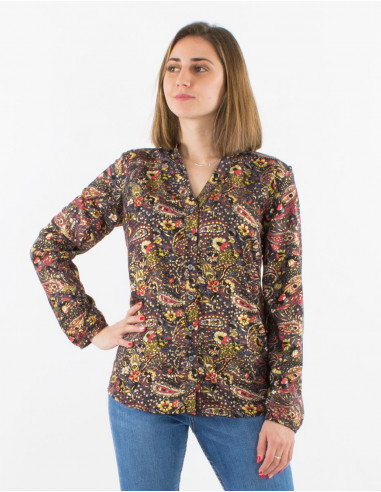 Polyester buttoned blouse with long sleeves and "golden cachemire" print