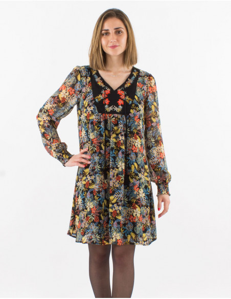 Polyester mousseline embroidered dress with lining and "viana" print