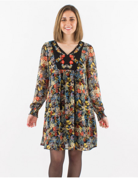 Polyester mousseline embroidered dress with lining and "viana" print