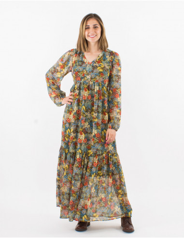 Polyester mousseline long dress with lining and "viana" print