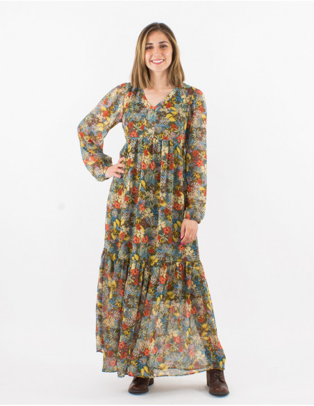 Polyester mousseline long dress with lining and "viana" print