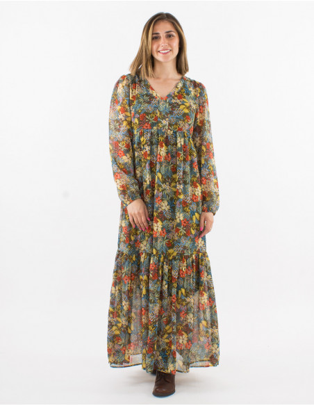 Polyester mousseline long dress with lining and "viana" print