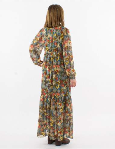 Polyester mousseline long dress with lining and "viana" print