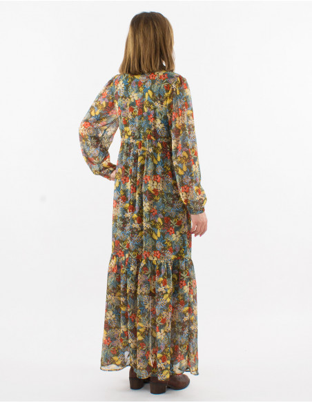 Polyester mousseline long dress with lining and "viana" print