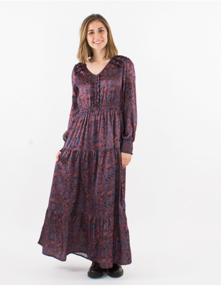 Robe longue polyester satin doublée imprimé Paisley