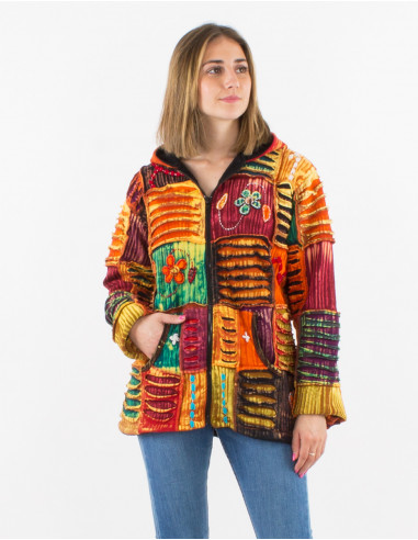 Veste maille coton patchwork Sw brodé doublure polaire à capuche