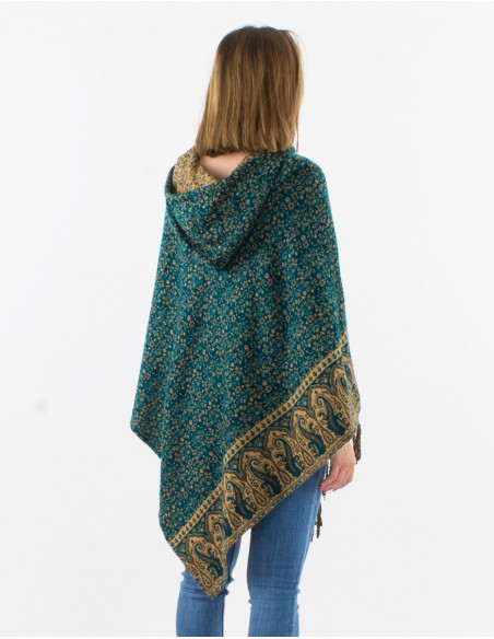Acrylic poncho jacquart with hood and small flowers