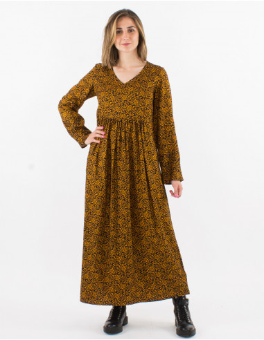 Rayon long printed dress with long sleeves
