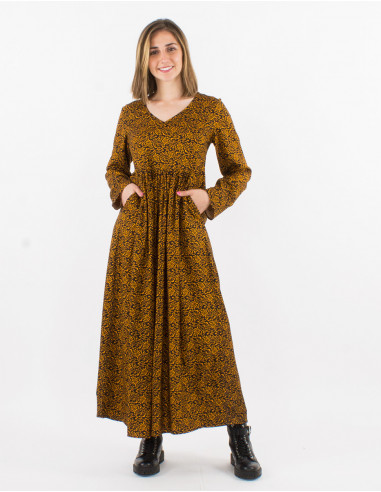 Rayon long printed dress with long sleeves