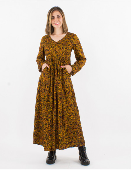 Rayon long printed dress with long sleeves