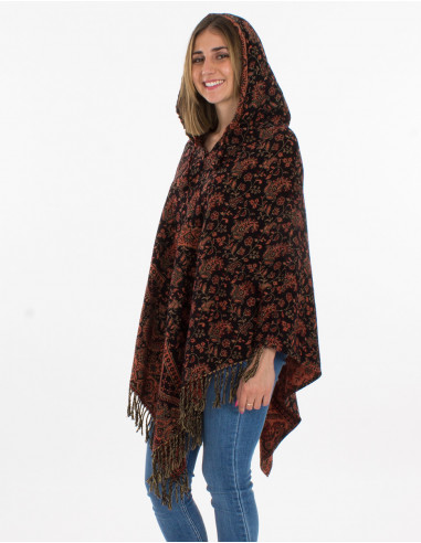 Poncho acrylique jacquart avec capuche fleurs du Punjab