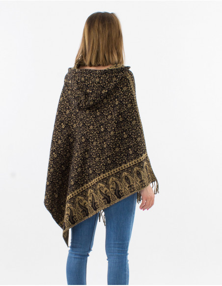 Acrylic poncho jacquart with hood and small flowers