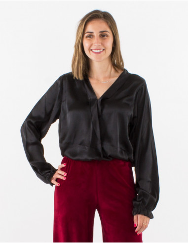 Polyester satin blouse with flounce collar