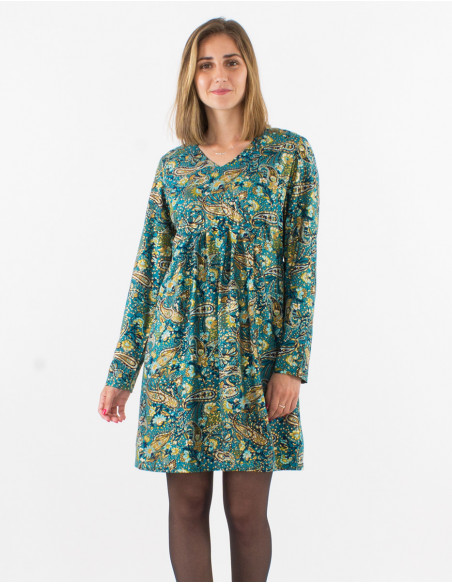 Polyester long sleeves dress with lining and "golden cachemire" print