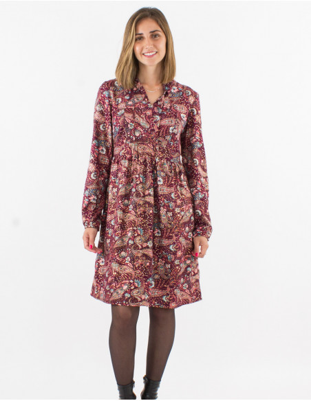 Robe courte polyester doublée manches longues imprimé Cachemire doré