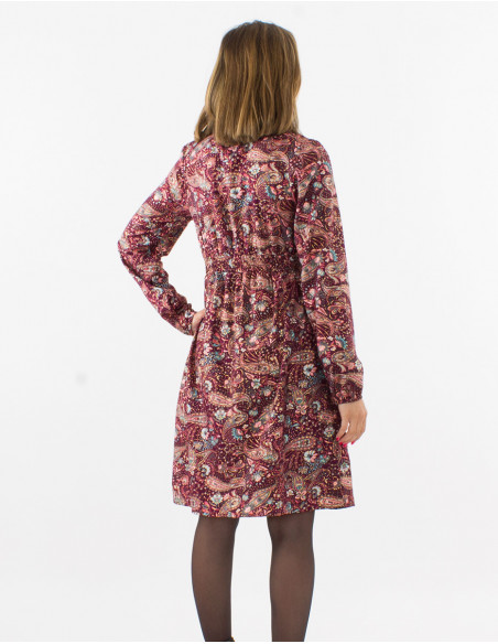 Robe courte polyester doublée manches longues imprimé Cachemire doré