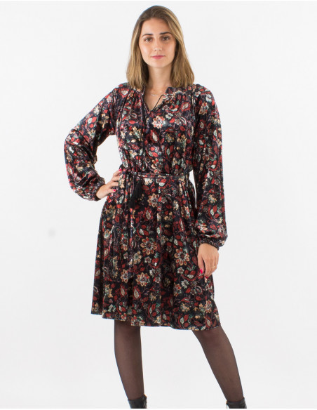 Knitted velvet 92% polyester 8% elastane dress with "dahila" print