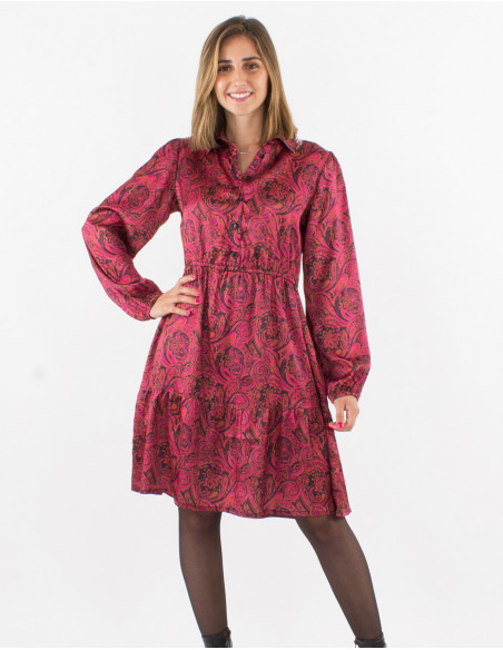 Robe polyester satin col chemise imprimé Paisley