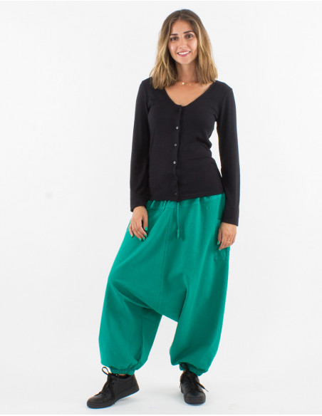 Cotton plain harem pants with pockets and elastic waist