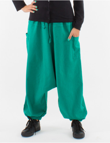 Cotton plain harem pants with pockets and elastic waist