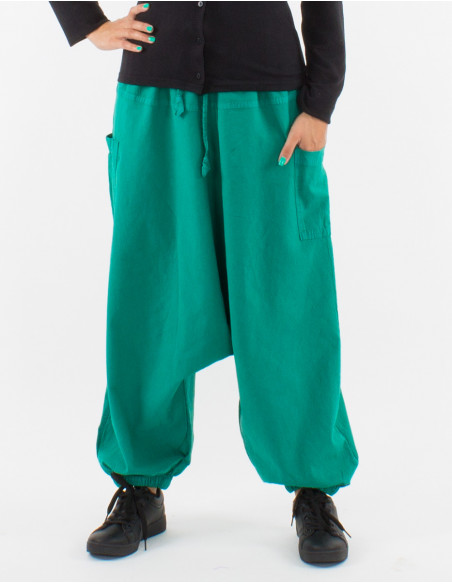 Cotton plain harem pants with pockets and elastic waist