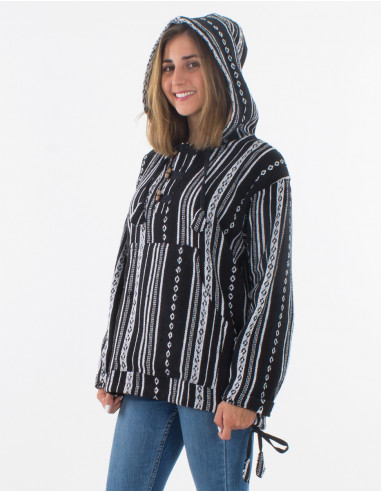 Cotton hooded jacket with stripes and 3 buttons