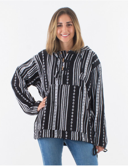 Cotton hooded jacket with stripes and 3 buttons